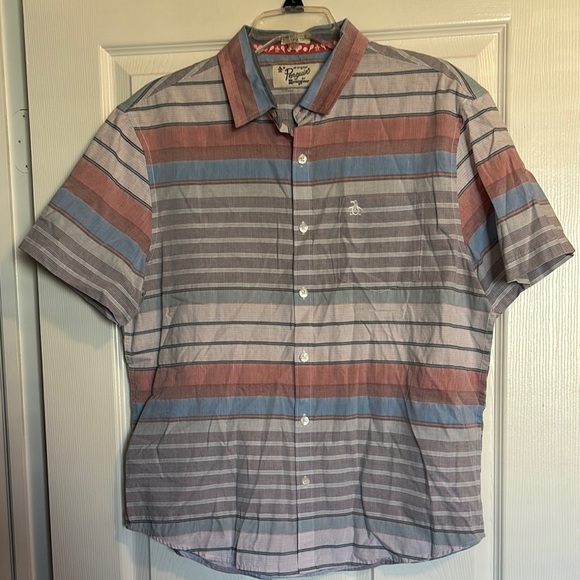 Original Penguin men’s striped short sleeve button down shirt size large - Picture 1 of 8